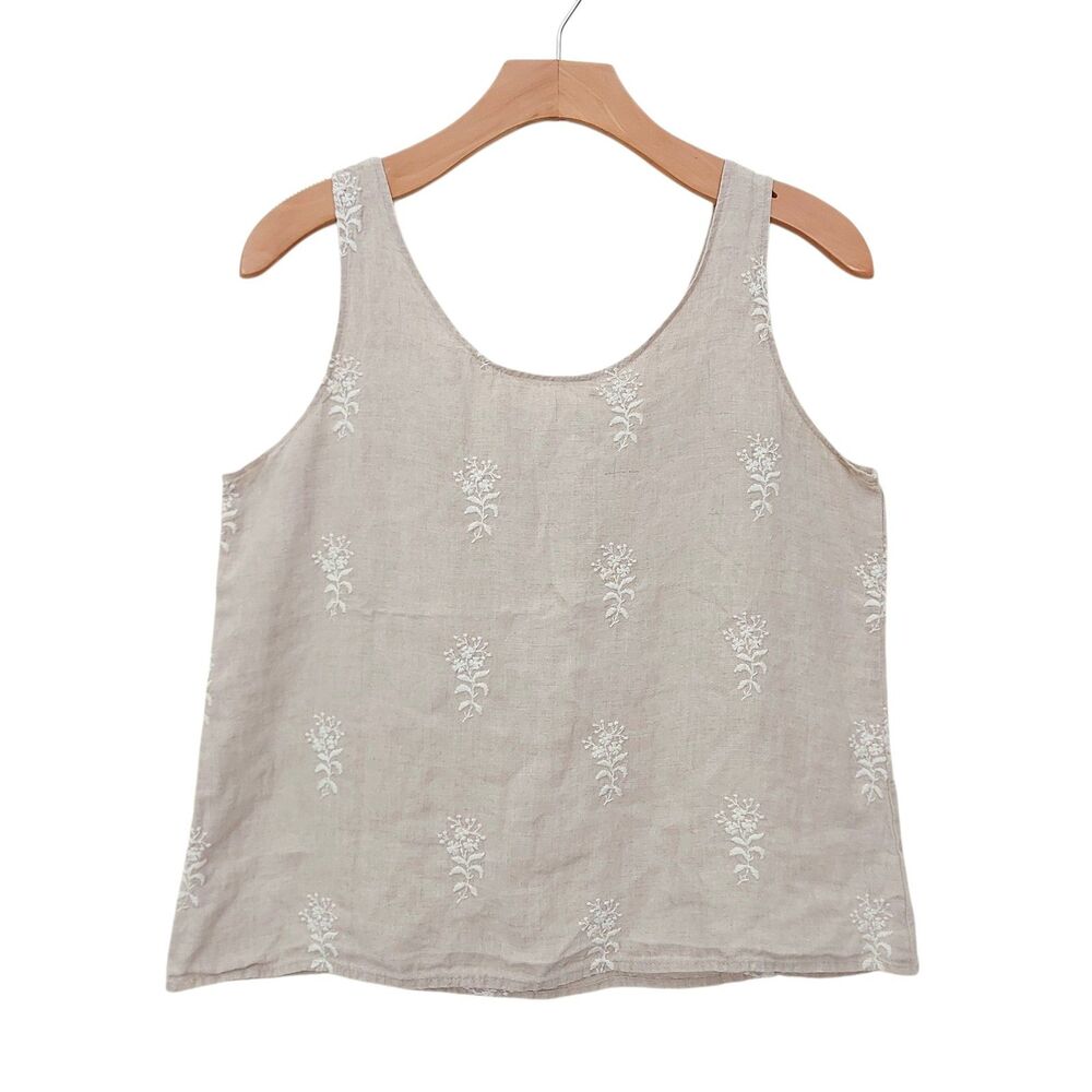 CP Shades Top Womens Small Beige Sleeveless Pure Irish Linen Embroidered Beachy